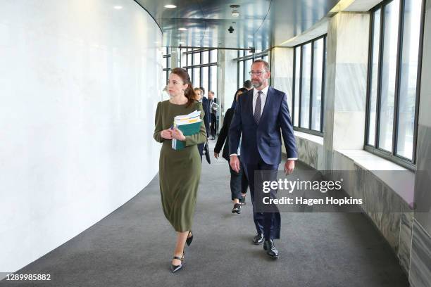 Prime Minister Jacinda Ardern and Minister Responsible for the GCSB and NZSIS, Andrew Little, arrive during a media lock-up ahead of the release of...