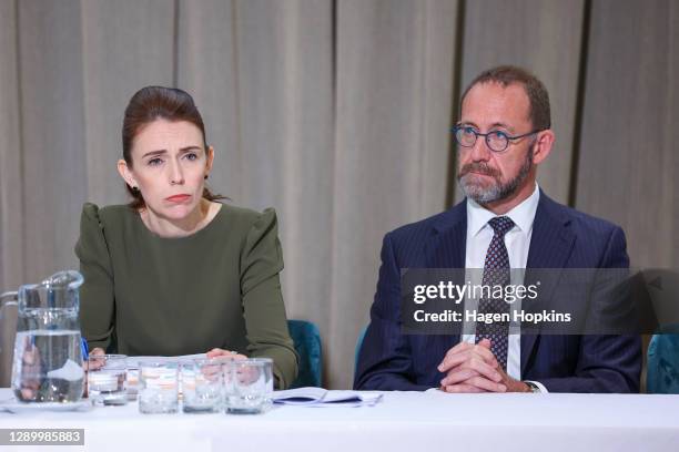 Prime Minister Jacinda Ardern and Minister Responsible for the GCSB and NZSIS, Andrew Little, look on during a media lock-up ahead of the release of...