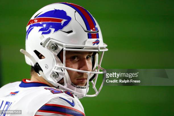 Quarterback Josh Allen of the Buffalo Bills warms up prior to facing the San Francisco 49ers at State Farm Stadium on December 07, 2020 in Glendale,...