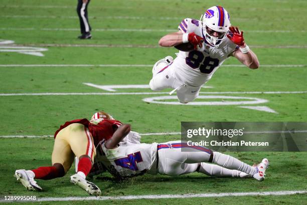 Tight end Dawson Knox of the Buffalo Bills dives for a touchdown during the second quarter of a game against the San Francisco 49ers at State Farm...