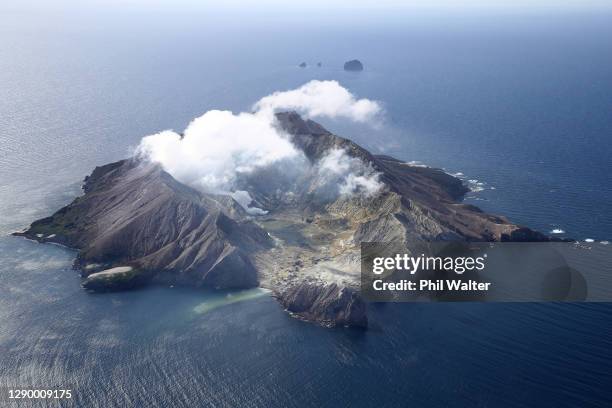 White Island is pictured on December 08, 2020 off the coast of Whakatane, New Zealand. 22 people died following the Whakaari White Island volcano...