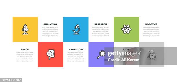 infographic design template. space, analyzing, laboratory, research, atom, robotics icons with 6 options or steps. - scientist lab background stock illustrations