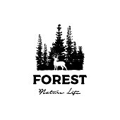 Deer and Pine Cedar Spruce Fir Conifer Forest Silhouette Wilderness Adventure logo design