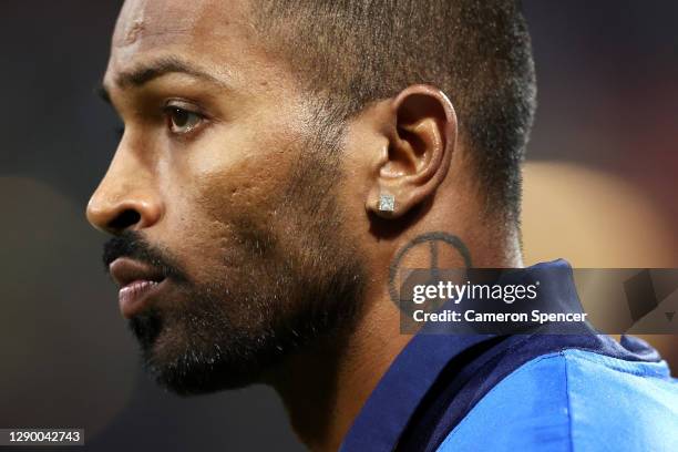 Hardik Pandya of India looks on during game three of the Twenty20 International series between Australia and India at Sydney Cricket Ground on...