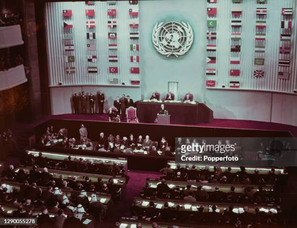 View of members seated to attend the opening of the third session of the United Nations General Assembly at the Palais de Chaillot in Paris, France...