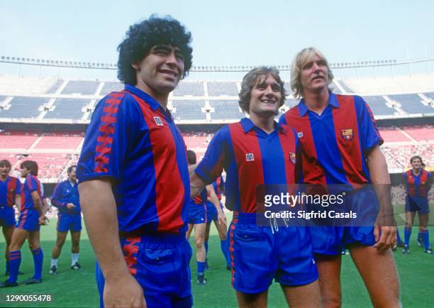 The three stars of F.C. Barcelona, Diego Armando Maradona, Allan Simonsen and Bernd Schuster, at the presentation of the squad for the 1982-1983...
