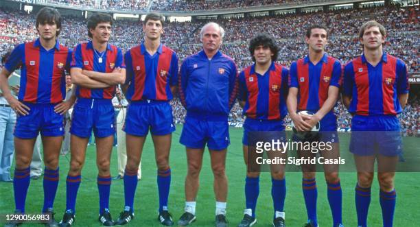 The Argentinian football star Diego Armando Maradona in his presentation with F.C. Barcelona, along with his new recently signed teammates Marcos...