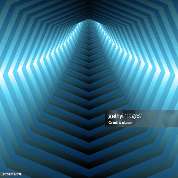 tunnel turning. octagonal, illuminated. 3d vector - bright future stock illustrations
