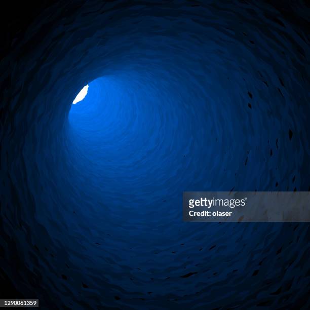 dark uneven cave leading to bright light. 3d vector - bright future stock illustrations