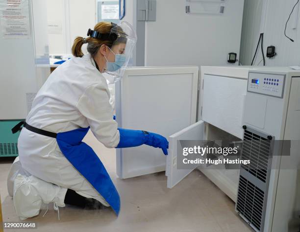 Alison Hill, Principal Pharmacist Applied Services opens one of two cryogenic freezers storing the covid-19 vaccinations at the Royal Cornwall...