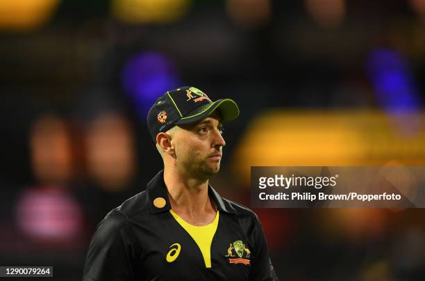 Daniel Sams of Australia looks on during game three of the Twenty20 International series between Australia and India at Sydney Cricket Ground on...