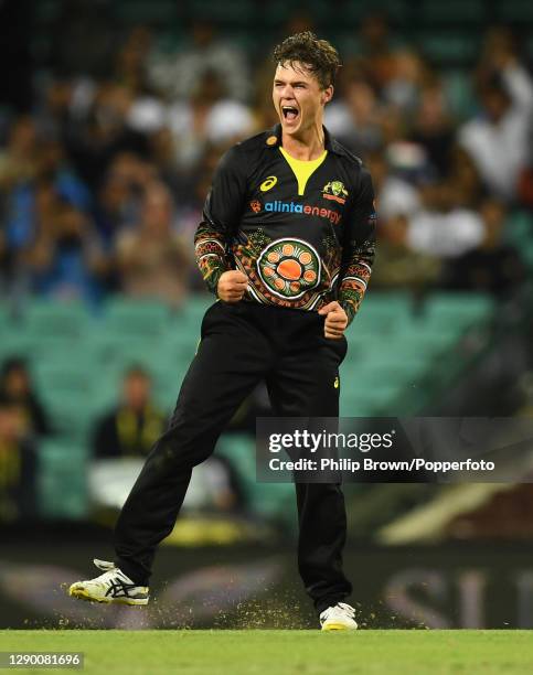 Mitchell Swepson of Australia celebrates after dismissing Shreyas Iyer of India lbw during game three of the Twenty20 International series between...