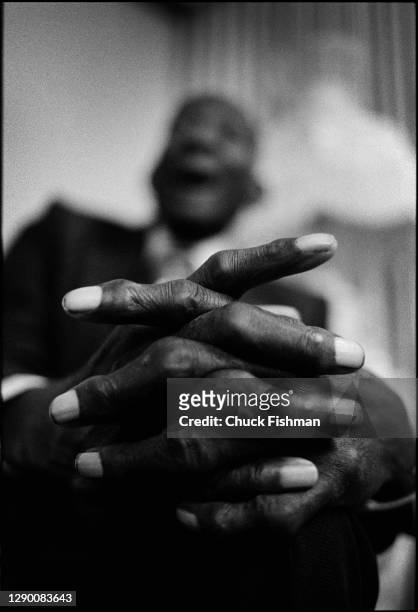 Close-up of the hands of American Gospel musician and composer Thomas A Dorsey , in his living room in a South Side neighborhood, Chicago, Illinois,...