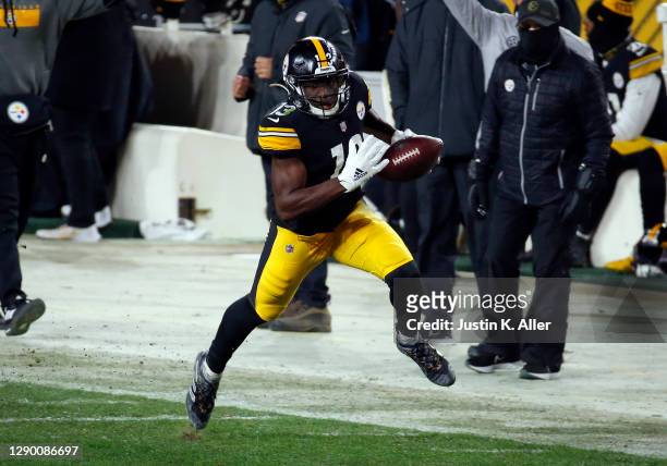 James Washington of the Pittsburgh Steelers in action against the Washington Football Team on December 8, 2020 at Heinz Field in Pittsburgh,...