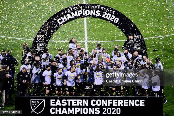 The Columbus Crew celebrate their the Eastern Conference Final win over New England Revolution during the MLS Cup Playoffs at MAPFRE Stadium on...