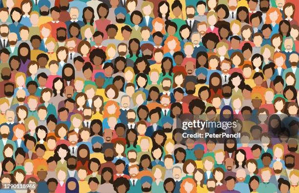 illustrations, cliparts, dessins animés et icônes de foule multiculturelle de personnes. groupe d’hommes et de femmes différents. peole jeune, adulte et plus âgé. peuple européen, asiatique, africain et arabe. visages vides. illustration vectorielle. - foule de gens