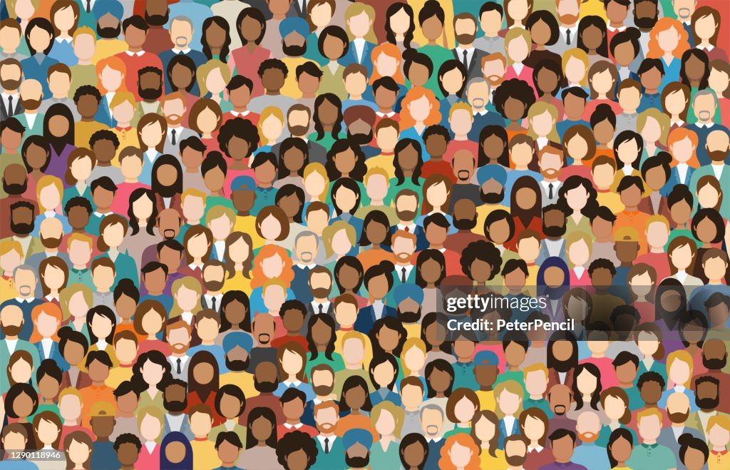 Folla multiculturale di persone. Gruppo di uomini e donne diversi. Toolo giovane, adulto e più vecchio. popolo europeo, asiatico, africano e arabo. Facce vuote. Illustrazione vettoriale.