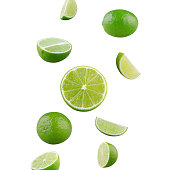 Set of falling limes isolated on white background