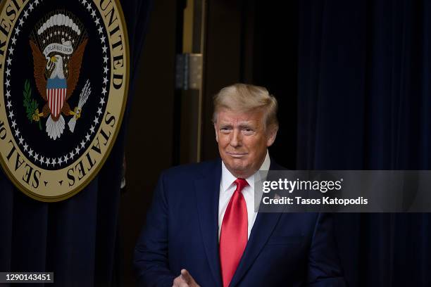 President Donald Trump arrives to speak at the Operation Warp Speed Vaccine Summit. On December 08, 2020 in Washington, DC. The president signed an...