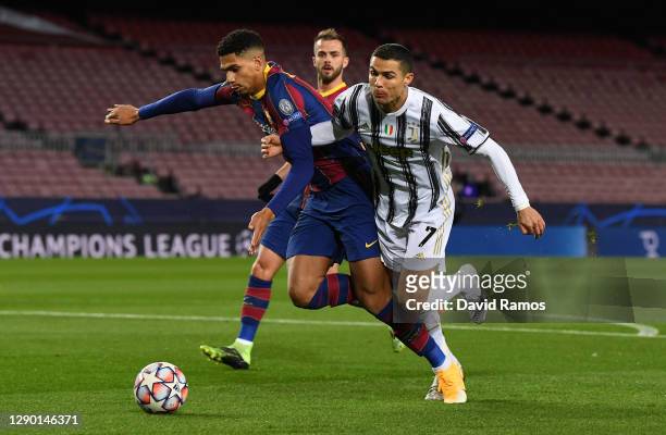 Cristiano Ronaldo of Juventus F.C. Is fouled by Ronald Araujo of Barcelona which leads to a penalty awarded to Juventus during the UEFA Champions...