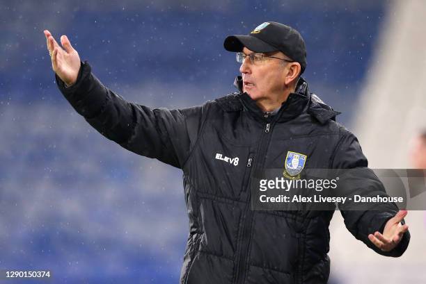 Tony Pulis the manager of Sheffield Wednesday looks on during the Sky Bet Championship match between Huddersfield Town and Sheffield Wednesday at...