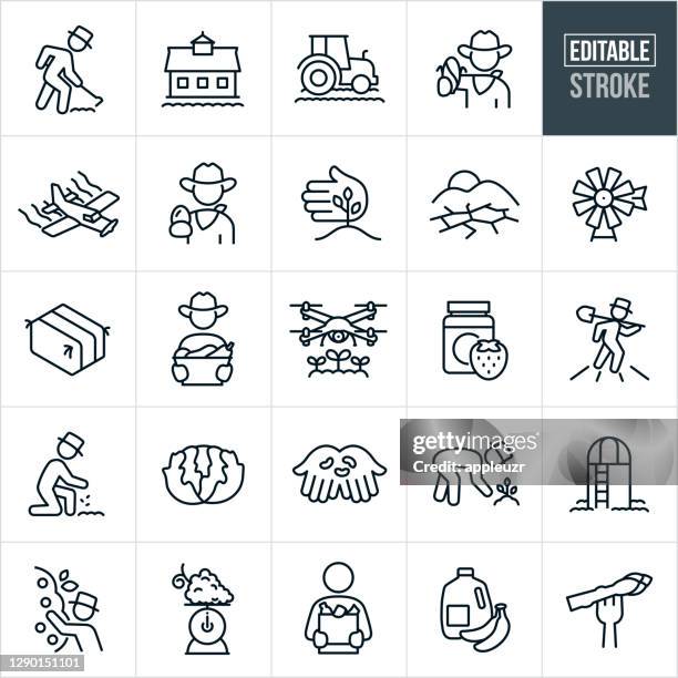 agriculture and farming thin line icons - editable stroke - farmer picking apples stock illustrations