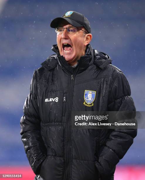 Tony Pulis the manager of Sheffield Wednesday reacts during the Sky Bet Championship match between Huddersfield Town and Sheffield Wednesday at John...