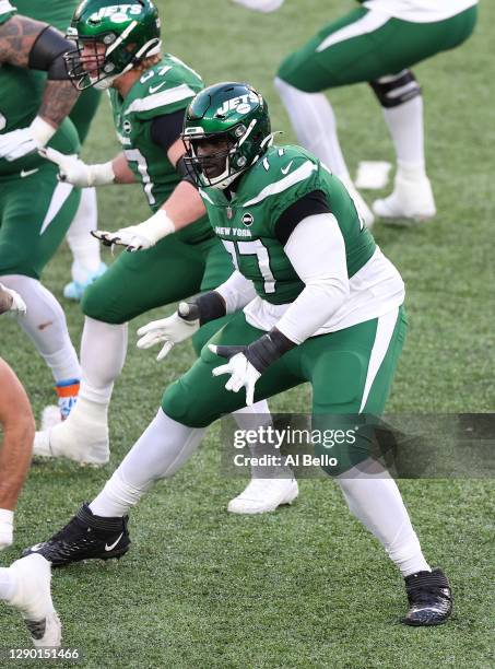 Mekhi Becton of the New York Jets in action against the Las Vegas Raiders during their game at MetLife Stadium on December 06, 2020 in East...