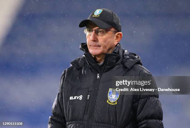 Tony Pulis the manager of Sheffield Wednesday looks on during the Sky Bet Championship match between Huddersfield Town and Sheffield Wednesday at...