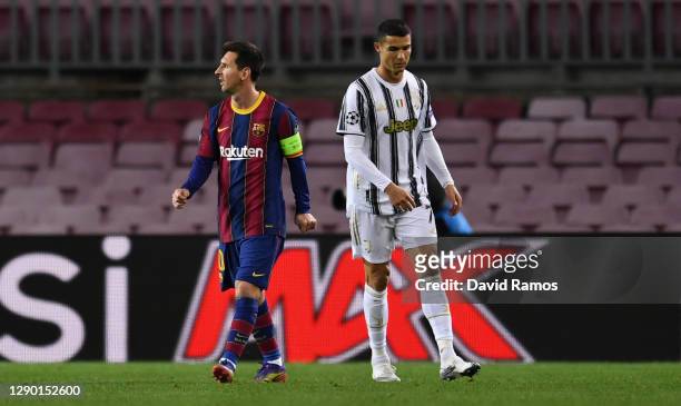 Lionel Messi of Barcelona and Cristiano Ronaldo of Juventus F.C. Look on during the UEFA Champions League Group G stage match between FC Barcelona...