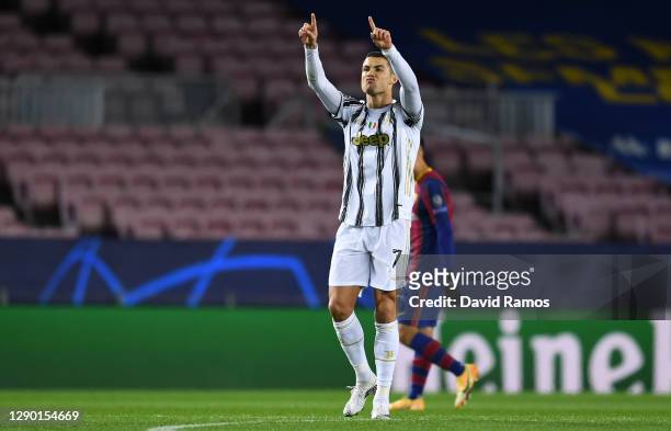 Cristiano Ronaldo of Juventus F.C. Celebrates scoring their sides third goal during the UEFA Champions League Group G stage match between FC...