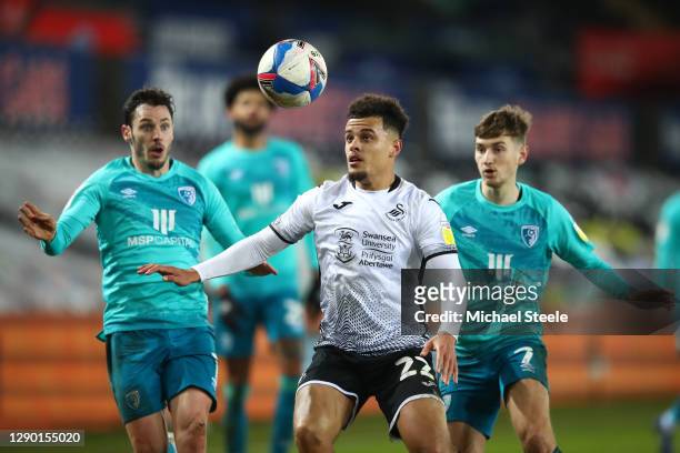Joel Latibeaudiere of Swansea City battles for possession with Adam Smith of AFC Bournemouth during the Sky Bet Championship match between Swansea...