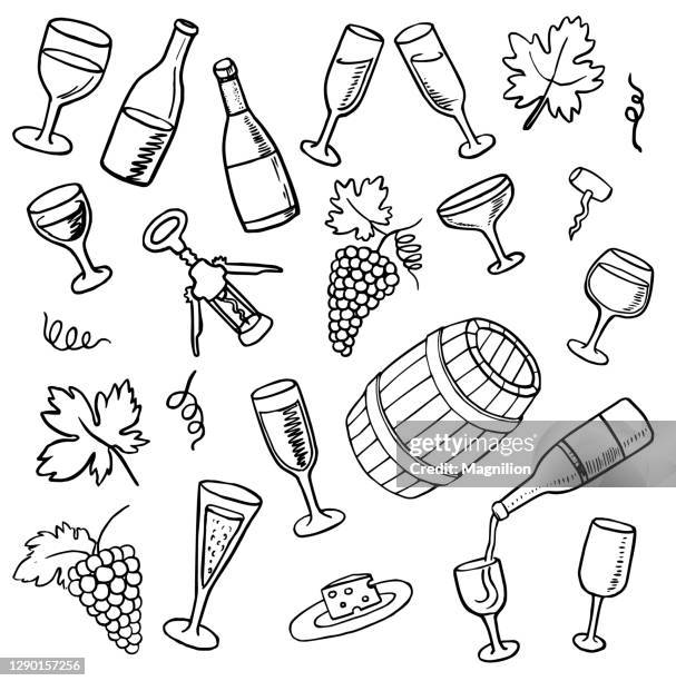 wein doodles set - schmecken stock-grafiken, -clipart, -cartoons und -symbole