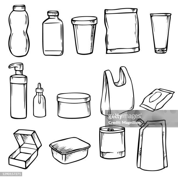 ilustraciones, imágenes clip art, dibujos animados e iconos de stock de conjunto de doodles de embalaje - cartón de bebida