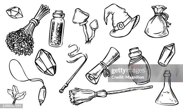 magic doodle set - mortar and pestle stock-grafiken, -clipart, -cartoons und -symbole