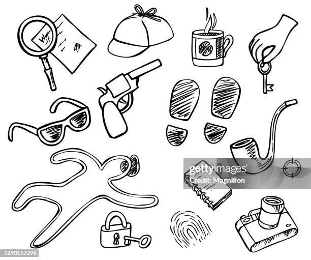 detective doodle set - verbrechen stock-grafiken, -clipart, -cartoons und -symbole