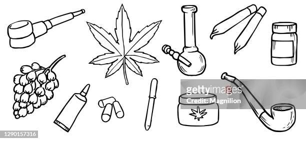 ilustrações, clipart, desenhos animados e ícones de conjunto de doodles canabis - cannabis leaf