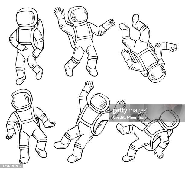 illustrazioni stock, clip art, cartoni animati e icone di tendenza di set di personaggi doodles astronauta a gravità zero - astronauta