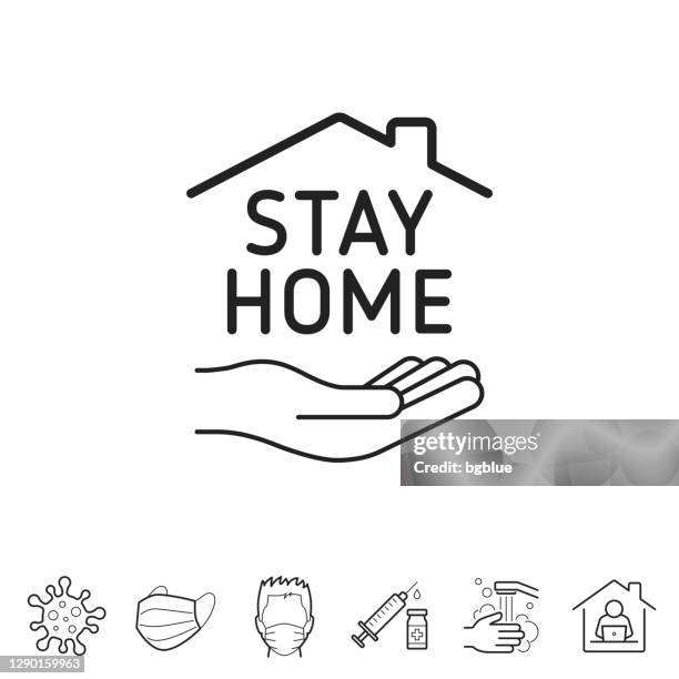 bleiben sie zu hause symbol. liniensymbol - bearbeitbarer strich - dach stock-grafiken, -clipart, -cartoons und -symbole