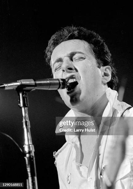 Joe Strummer performs with 'the Clash' at the Berkeley Community Center in Berkeley, California on February 2, 1979. )