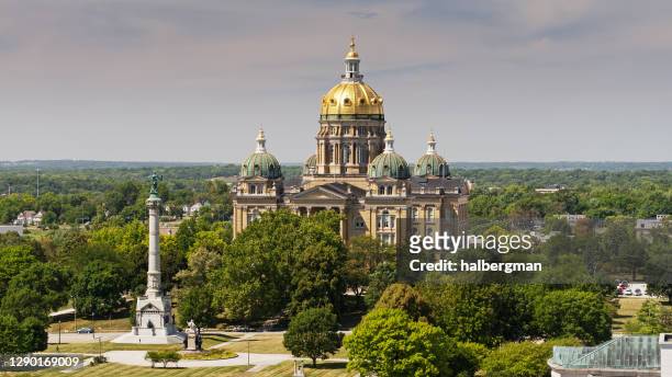 soldiers and sailors memorial and the iowa state capitol - aerial - iowa stock pictures, royalty-free photos & images