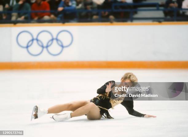 Claudia Leistner of Germany falls during the Short Program of the Women's Singles Figure Skating competition at the 1988 Winter Olympic Games on...