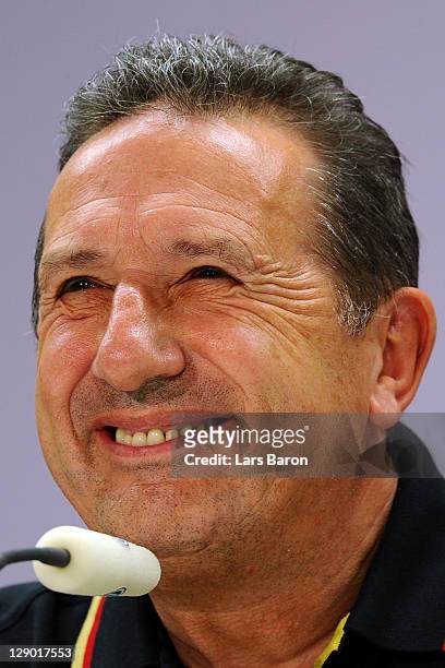 Head coach Georges Leekens looks on during a Belgium press conference at Esprit Arena on October 10, 2011 in Duesseldorf, Germany.