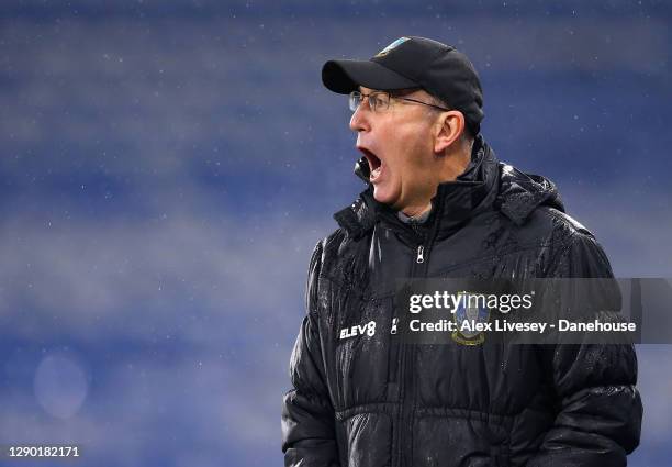 Tony Pulis the manager of Sheffield Wednesday reacts during the Sky Bet Championship match between Huddersfield Town and Sheffield Wednesday at John...