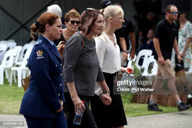 Friends and family of vicitms of the White Island eruption arrive on the Te Mānuka Tūtahi Marae for a memorial service on December 09, 2020 in...