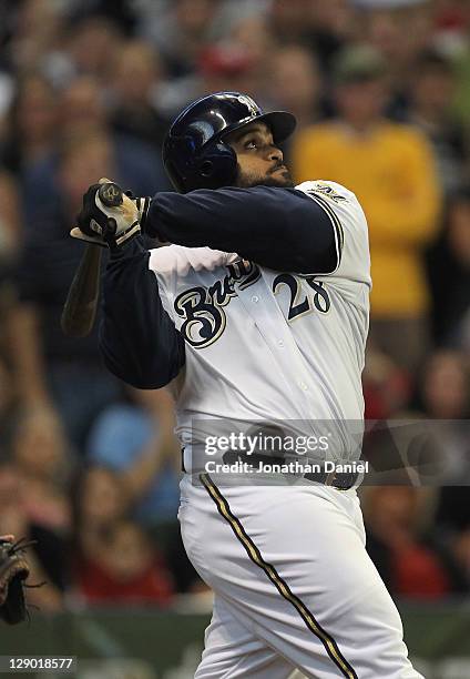 Prince Fielder of the Milwaukee Brewers takes a swing against the Arizona Diamondbacks during Game Five of the National League Division Series at...