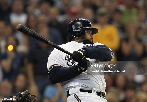 Prince Fielder of the Milwaukee Brewers takes a swing against the Arizona Diamondbacks during Game Five of the National League Division Series at...