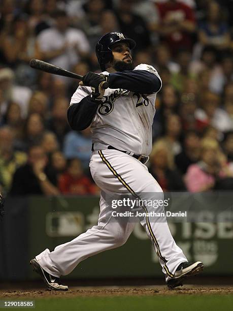 Prince Fielder of the Milwaukee Brewers takes a swing against the Arizona Diamondbacks during Game Five of the National League Division Series at...