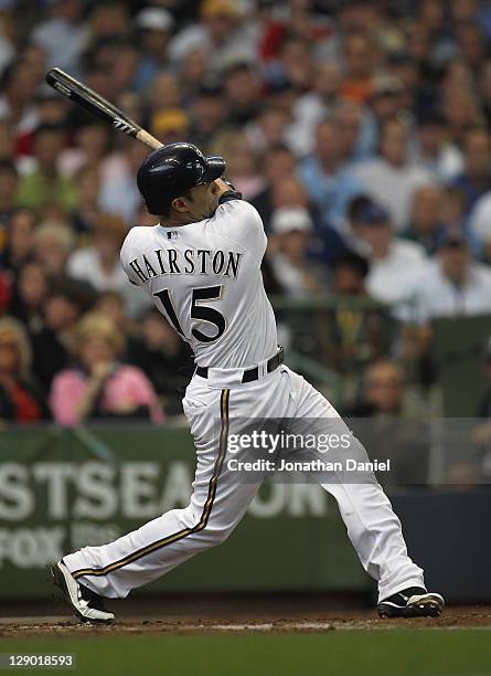 Jerry Hairston Jr. #15of the Milwaukee Brewers takes a swing against the Arizona Diamondbacks during Game Five of the National League Division Series...