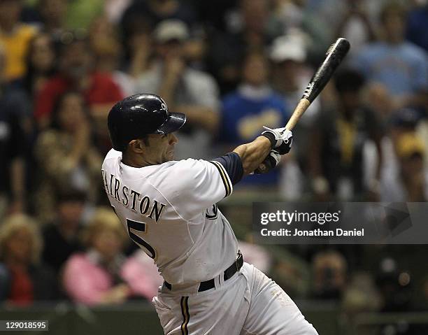 Jerry Hairston Jr. #15of the Milwaukee Brewers takes a swing against the Arizona Diamondbacks during Game Five of the National League Division Series...